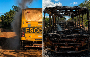 Ônibus escolar pega fogo e fica destruído na zona rural de Rio do Antônio