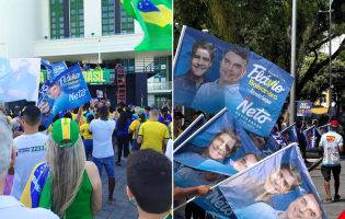 Bandeiras com ACM Neto e Flávio Bolsonaro chamam atenção nos atos de 7 de Setembro em Salvador